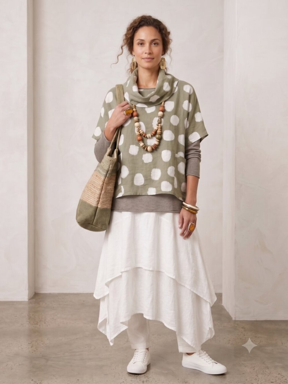 ETERNELLE 100% linen made in Italy Lagenlook khaki and white polkadot cowl neck